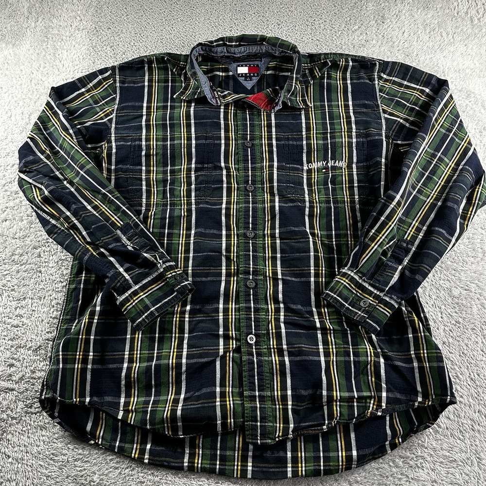 Vintage Tommy Jeans Shirt Mens Large Button Up Plaid Green 100% Cotton‎ Pocket
